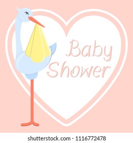 Baby shower card with stork carrying baby. Flat style vector illustration. There is place for your text