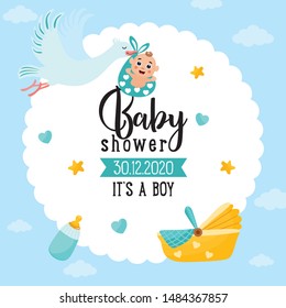 Baby shower card. Stork carrying a cute baby in a bag. It's a boy! Baby boy announcement card template. Place for your text.