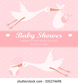 Baby shower card with stork carrying a baby.Pink background. Baby shower vector illustration. Baby shower card. Baby shower invitation. Invitation card for Baby Shower.  Baby shower card for a girl.
