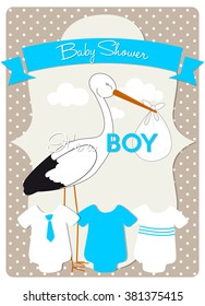 baby shower card, stork is carrying a baby boy! the announcement on fluffy white clouds with different models of bodysuits 