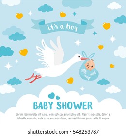 Baby shower card. Stork carrying a cute baby in a bag. It's a boy! Baby boy announcement card template. Place for your text.