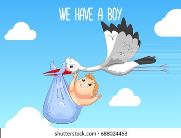 Baby shower card. Stork carrying a cute baby in a bag. We have a boy. Baby boy announcement card template.