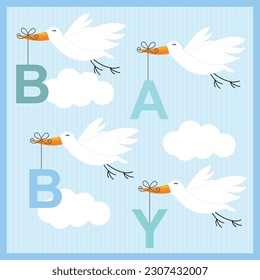 Baby shower card with storks bringing baby text