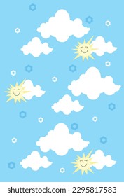 Baby shower card, summer sunny sky with clouds, simple flowers, and smiling suns.