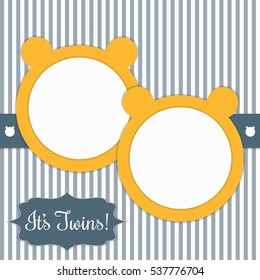 Baby Shower Card With Sunny Yellow Bears And Stripes. It's Twins.