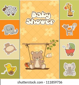 baby shower card with teddy bear in a swing