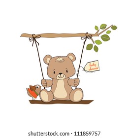 baby shower card with teddy bear in a swing