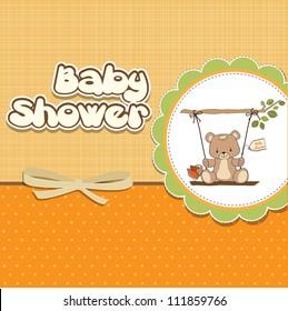 baby shower card with teddy bear in a swing