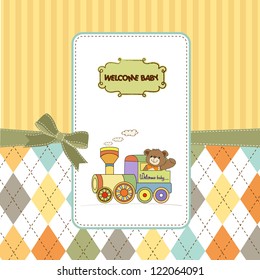 baby shower card with teddy bear and train toy