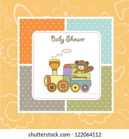 baby shower card with teddy bear and train toy