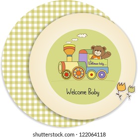 baby shower card with teddy bear and train toy