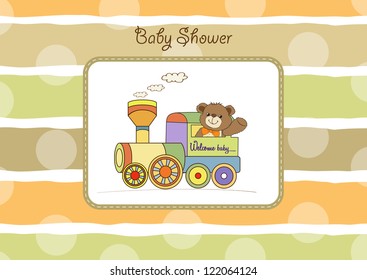 baby shower card with teddy bear and train toy