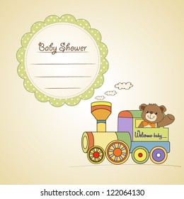 baby shower card with teddy bear and train toy