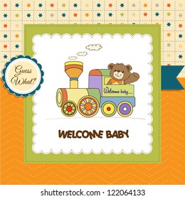 baby shower card with teddy bear and train toy
