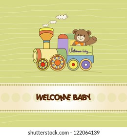 baby shower card with teddy bear and train toy