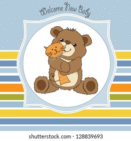 baby shower card with teddy bear and his toy, vector illustration