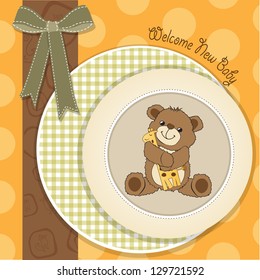 baby shower card with teddy bear and his toy, vector illustration