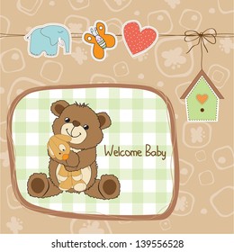 baby shower card with teddy bear toy, vector illustration