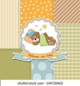 baby shower card with teddy bear toy, vector illustration