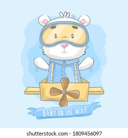 Baby shower card with teddy bear in plane