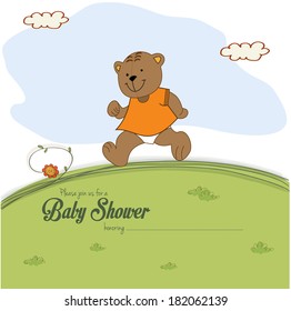 baby shower card with teddy bear chasing rushed to event, vector illustration