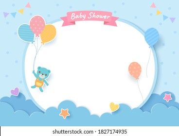 Baby shower card with teddy bear and balloons on blue background