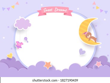 Baby shower card with teddy bear and moon on purple background