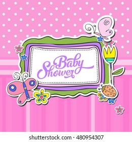 baby shower card template cute poster with place for your text colour adorable pink kid female star babe woman abstract background scene border anniversary baby celebration lady youth junior science d