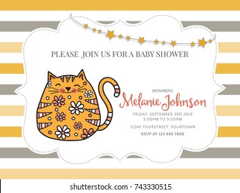 baby shower card template with fat doodle cat, vector format