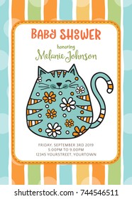 baby shower card template with fat doodle cat, vector format