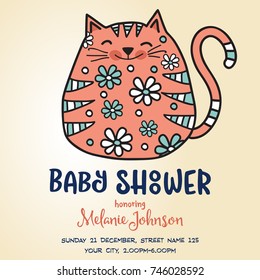baby shower card template with fat doodle cat, vector format