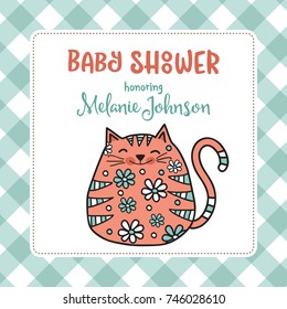 baby shower card template with fat doodle cat, vector format