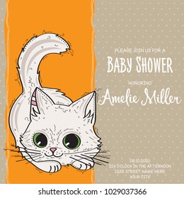 baby shower card template with funny doodle kitten, vector format