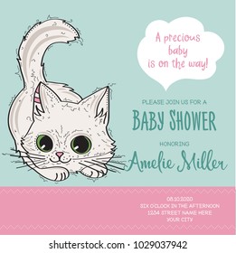 baby shower card template with funny doodle kitten, vector format