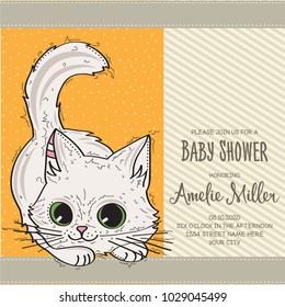 baby shower card template with funny doodle kitten, vector format