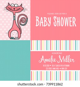 baby shower card template with funny doodle cat, vector format
