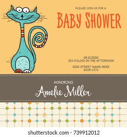 baby shower card template with funny doodle cat, vector format