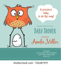 baby shower card template with funny doodle bird, vector format