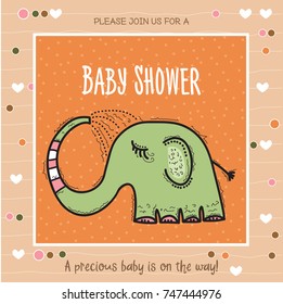 baby shower card template with funny doodle elephant, vector format