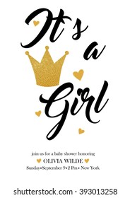 Baby shower card template. It`s a Girl! Gold elements. Vector illustration/ EPS10