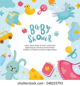 Baby shower card template. Round frame with cute baby illustration and letters. Place for your text. Baby boy announcement card. 