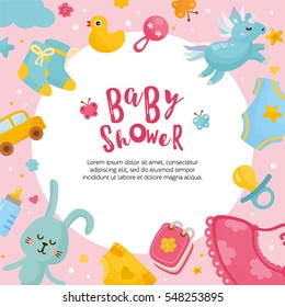Baby shower card template. Round frame with cute baby illustration and letters. Place for your text. Baby girl announcement card. 
