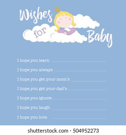 BABY SHOWER CARD  template  with wishes for baby with princess and cute clouds