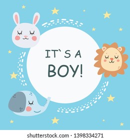 Baby shower card. Text "It`s a boy!". Cute animals design. Greeting card design. Baby shower invitation.