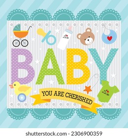 Baby shower card with baby text and ornaments