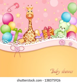 Baby shower card with toys and balloons