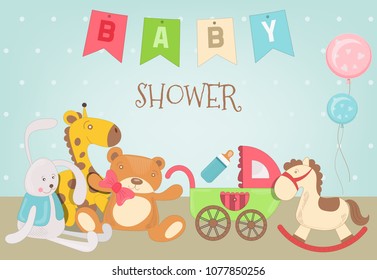 Baby shower card with toys. Vector illustration.