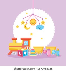 baby shower card with train toy vector illustration design