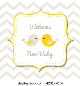 Baby shower card with two cute yellow birds on gray chevron background, vector illustration, eps 10 with transparency