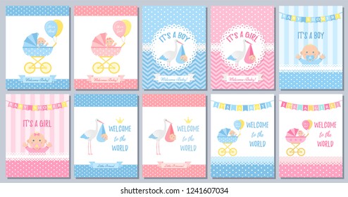 Baby Shower Card. Vector Baby Boy Girl Design. Cute Birth Party Background. Welcome Template Invite. Pink Blue Poster. Happy Greeting Banner With Kid, Stork, Pram, Polka Dot Print Cartoon Illustration